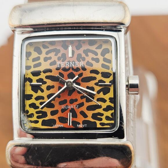 Terner Women's Animal Print Cuff Bracelet Watch Silver Brown Cheetah Leopard - Picture 2 of 5